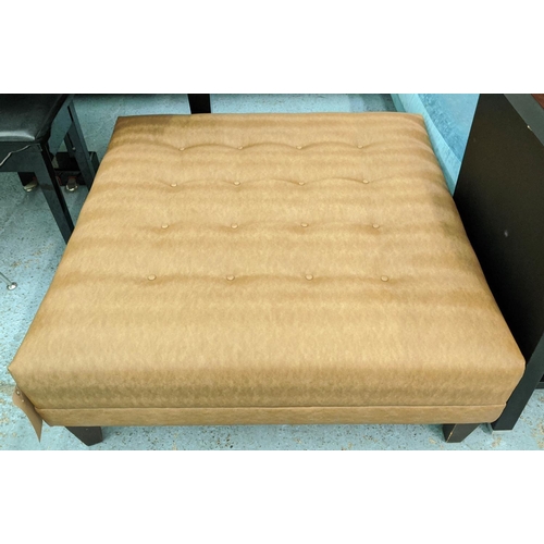 312 - OTTOMAN, 103cm x 100cm x 40cm, buttoned tan finish, on tapering block supports.