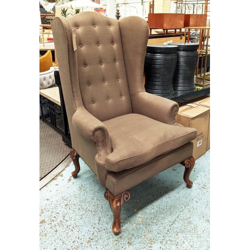 314 - WING BACK ARMCHAIR, 85cm x 85cm x 138cm, brown fabric upholstered, button back.