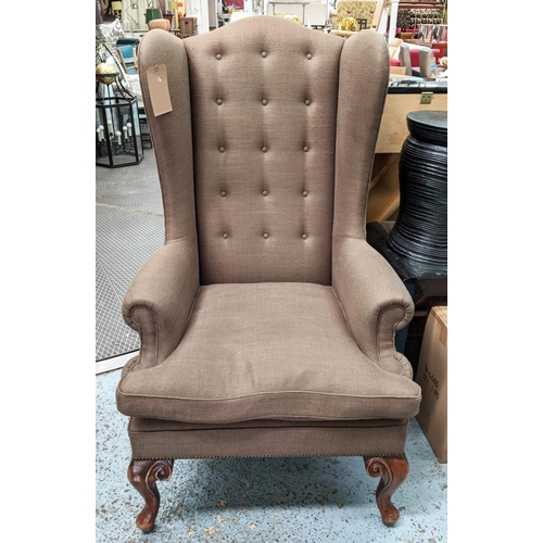 314 - WING BACK ARMCHAIR, 85cm x 85cm x 138cm, brown fabric upholstered, button back.