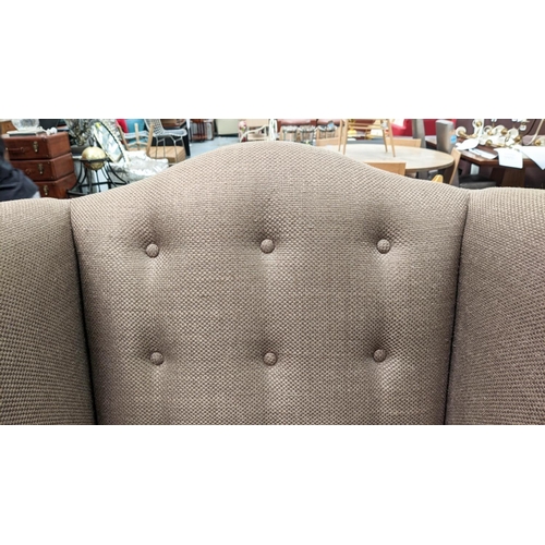 314 - WING BACK ARMCHAIR, 85cm x 85cm x 138cm, brown fabric upholstered, button back.