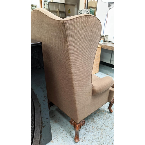 314 - WING BACK ARMCHAIR, 85cm x 85cm x 138cm, brown fabric upholstered, button back.