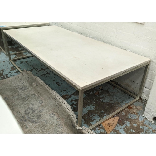 324 - ADAM WILLIAMS LISBON COFFEE TABLE, silvered metal base, stone top, 150cm x 70cm x 40cm.