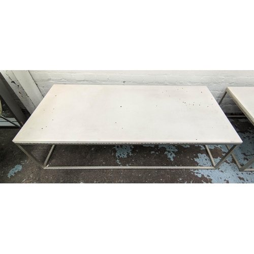 325 - ADAM WILLIAMS LISBON COFFEE TABLE, silvered metal base, stone top, 150cm x 70cm x 40cm.