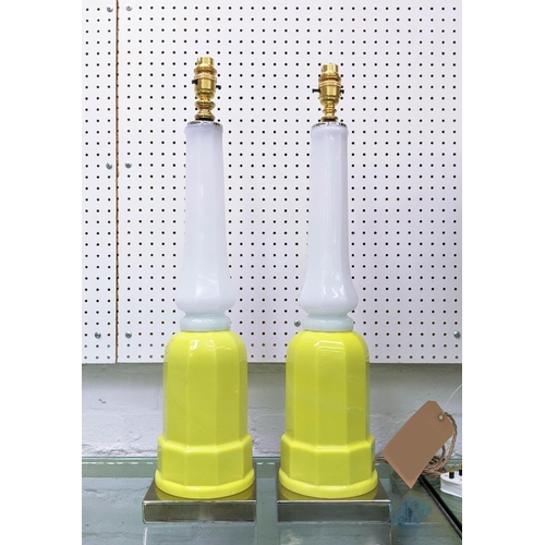 333 - CENEDASE MURANO GLASS TABLE LAMPS, a pair, vintage yellow and white opaline glass, on chrome bases, ... 