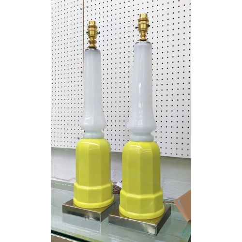 333 - CENEDASE MURANO GLASS TABLE LAMPS, a pair, vintage yellow and white opaline glass, on chrome bases, ... 