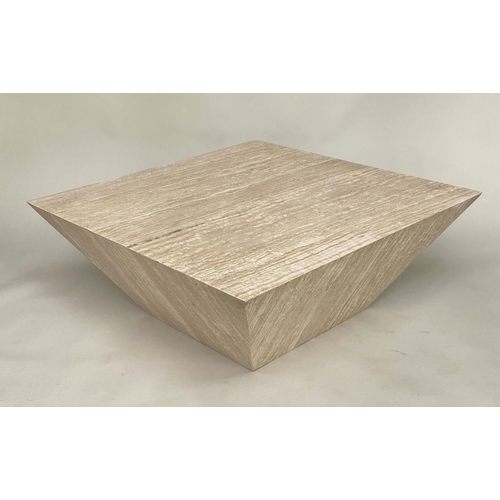 371 - TRAVERTINE LOW TABLE, vintage mid 20th century Italian, square with tapered sides, 100cm x 100cm x 4... 