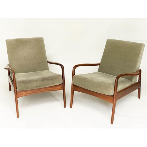 373 - GREAVES AND THOMAS ARMCHAIRS, a pair, 1960's teak framed with moss green velvet upholstery, 63cm W. ... 