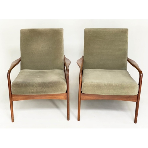 373 - GREAVES AND THOMAS ARMCHAIRS, a pair, 1960's teak framed with moss green velvet upholstery, 63cm W. ... 