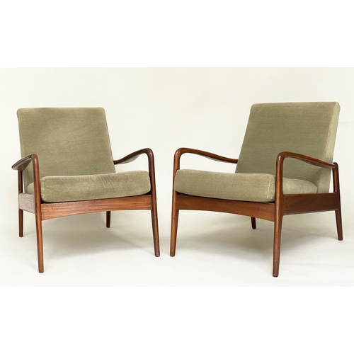 373 - GREAVES AND THOMAS ARMCHAIRS, a pair, 1960's teak framed with moss green velvet upholstery, 63cm W. ... 