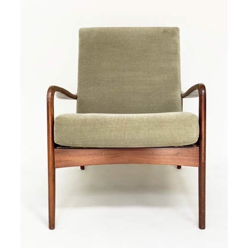 373 - GREAVES AND THOMAS ARMCHAIRS, a pair, 1960's teak framed with moss green velvet upholstery, 63cm W. ... 