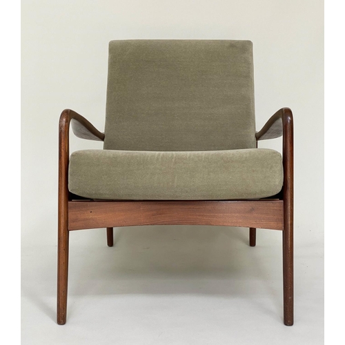 373 - GREAVES AND THOMAS ARMCHAIRS, a pair, 1960's teak framed with moss green velvet upholstery, 63cm W. ... 