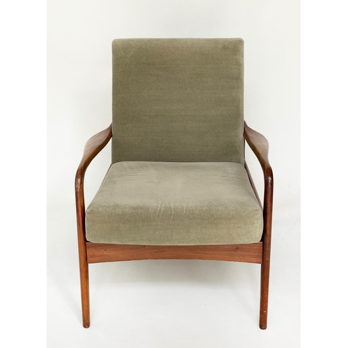 373 - GREAVES AND THOMAS ARMCHAIRS, a pair, 1960's teak framed with moss green velvet upholstery, 63cm W. ... 