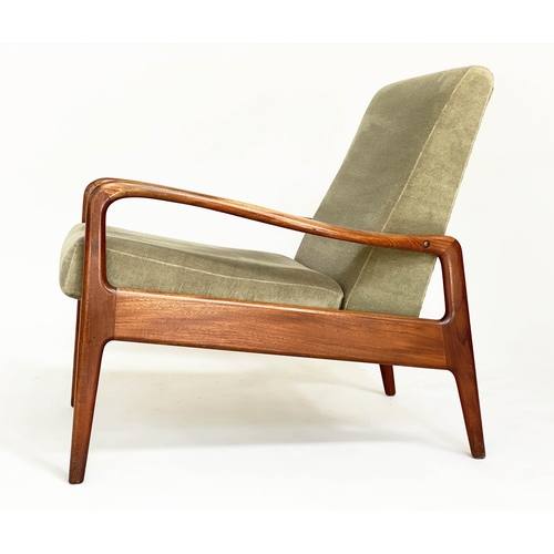 373 - GREAVES AND THOMAS ARMCHAIRS, a pair, 1960's teak framed with moss green velvet upholstery, 63cm W. ... 