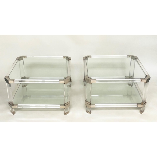 377 - LAMP/SIDE TABLES, a pair, 1970's lucite square rounded each with shelf, 45cmx  45cm x 40cm H. (2)