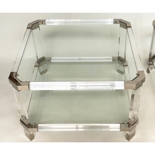 377 - LAMP/SIDE TABLES, a pair, 1970's lucite square rounded each with shelf, 45cmx  45cm x 40cm H. (2)