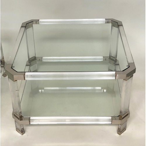 377 - LAMP/SIDE TABLES, a pair, 1970's lucite square rounded each with shelf, 45cmx  45cm x 40cm H. (2)