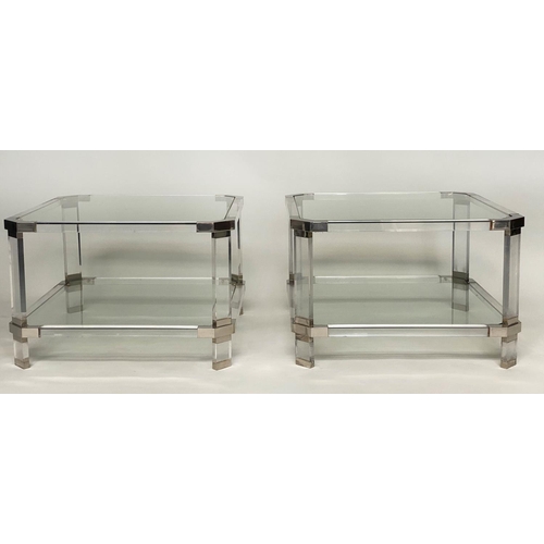 377 - LAMP/SIDE TABLES, a pair, 1970's lucite square rounded each with shelf, 45cmx  45cm x 40cm H. (2)