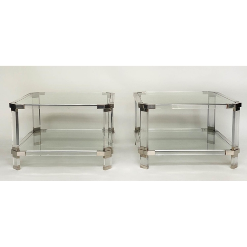 377 - LAMP/SIDE TABLES, a pair, 1970's lucite square rounded each with shelf, 45cmx  45cm x 40cm H. (2)