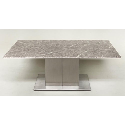 379 - LOW TABLE, rectangular variegated grey/white marble raised upon a steel base, 110cm x 42cm H x 60cm.