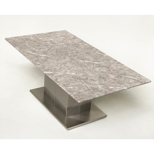 379 - LOW TABLE, rectangular variegated grey/white marble raised upon a steel base, 110cm x 42cm H x 60cm.