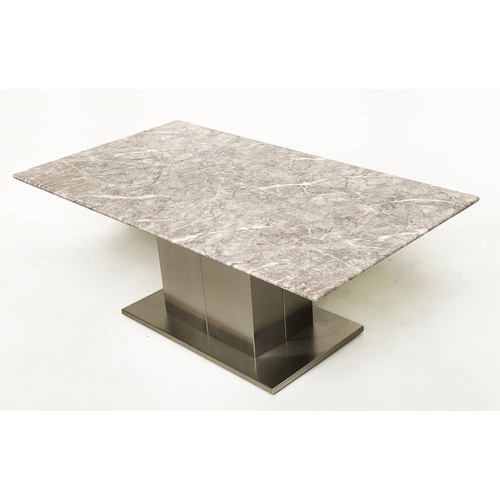 379 - LOW TABLE, rectangular variegated grey/white marble raised upon a steel base, 110cm x 42cm H x 60cm.