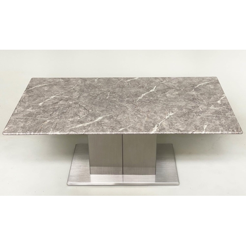 379 - LOW TABLE, rectangular variegated grey/white marble raised upon a steel base, 110cm x 42cm H x 60cm.