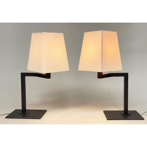 383 - SIFRA TABLE LAMPS, a pair, bronzed swing supports and platform with shades, 60cm H. (2)