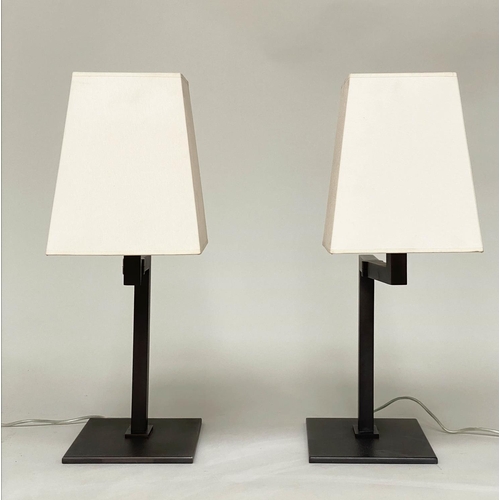 383 - SIFRA TABLE LAMPS, a pair, bronzed swing supports and platform with shades, 60cm H. (2)