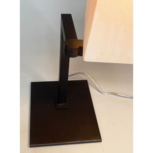 383 - SIFRA TABLE LAMPS, a pair, bronzed swing supports and platform with shades, 60cm H. (2)