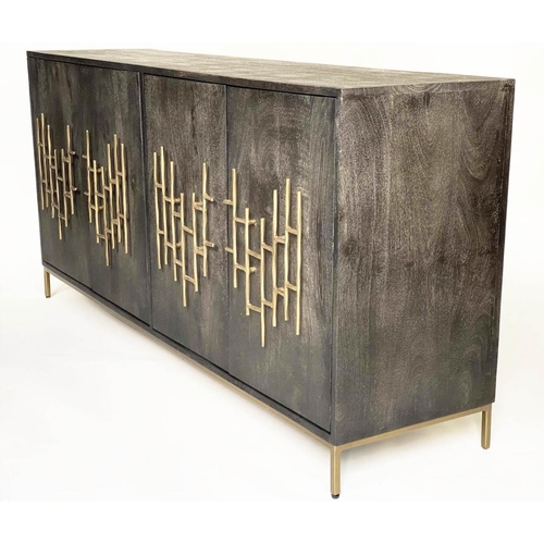 384 - SIDEBOARD, 77cm high, 160cm wide, 41cm deep, 1970's style black ash and brass lattice mounted with f... 