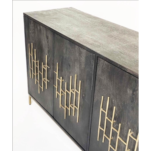 384 - SIDEBOARD, 77cm high, 160cm wide, 41cm deep, 1970's style black ash and brass lattice mounted with f... 