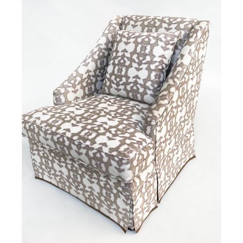 385 - EGERTON ARMCHAIR, silk weave upholstered with cushion by Dudgeon, 70cm x 87cm x 87cm H.