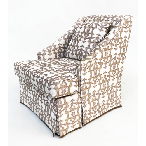 385 - EGERTON ARMCHAIR, silk weave upholstered with cushion by Dudgeon, 70cm x 87cm x 87cm H.