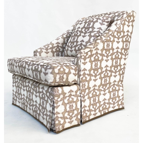 385 - EGERTON ARMCHAIR, silk weave upholstered with cushion by Dudgeon, 70cm x 87cm x 87cm H.