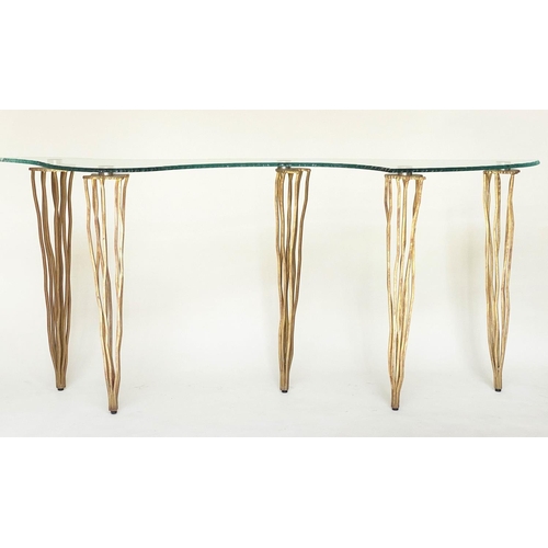 386 - CONSOLE TABLE BY DOMUN NOVA, Italian modernist asymmetrical outline glaze raised on gilt wrought iro... 