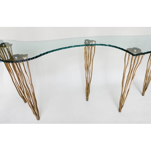 386 - CONSOLE TABLE BY DOMUN NOVA, Italian modernist asymmetrical outline glaze raised on gilt wrought iro... 