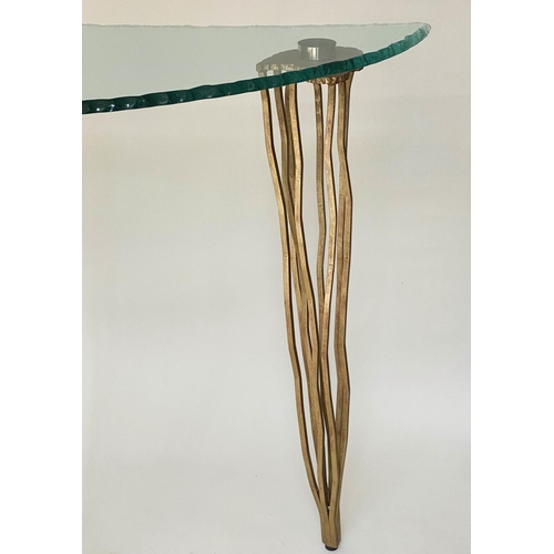 386 - CONSOLE TABLE BY DOMUN NOVA, Italian modernist asymmetrical outline glaze raised on gilt wrought iro... 