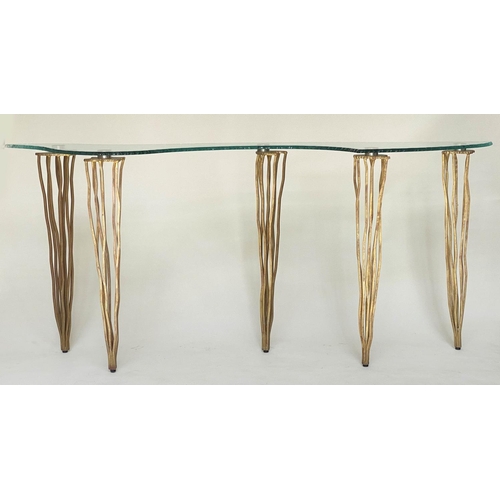 386 - CONSOLE TABLE BY DOMUN NOVA, Italian modernist asymmetrical outline glaze raised on gilt wrought iro... 