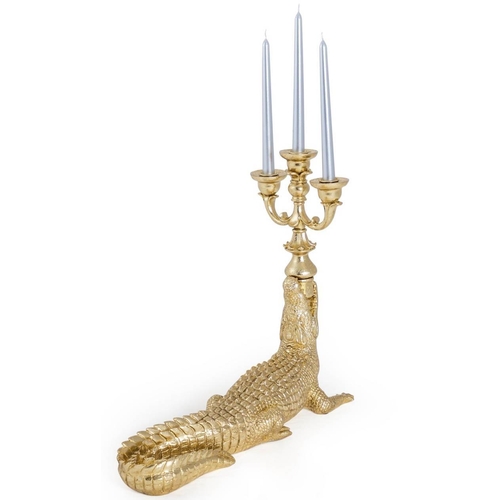 468 - CROCODILE CANDELABRA, a pair, 44cm high, 51cm long, 15cm deep, gilt finish. (2)