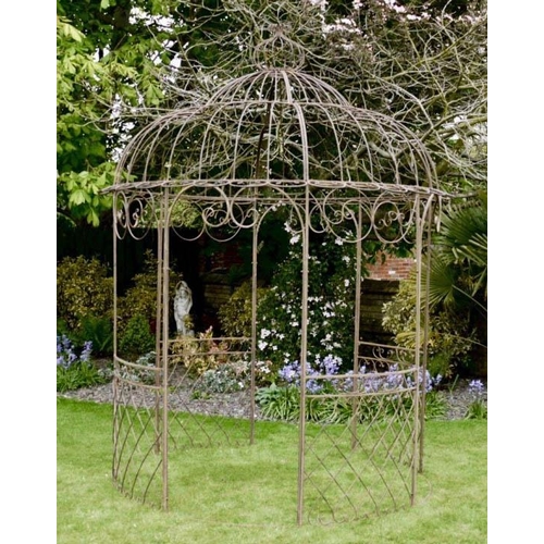 470 - ARCHITECTURAL GARDEN PERGOLA, 300cm high, 225cm diameter, Regency style, metal frame with rust oxidi... 