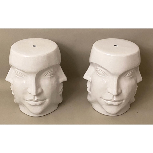 479 - SURREALIST STYLE BARREL STOOLS, a pair, glazed ceramic, 44cm high, 38cm diameter. (2)