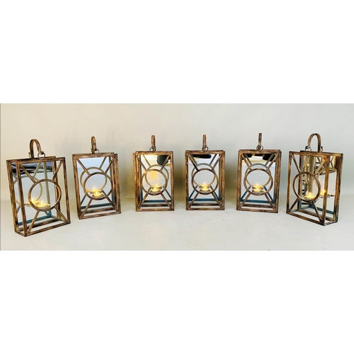 480 - WALL HANGING CANDLE LANTERNS, a set of six, French Art deco style, mirrored back plate detail, 43cm ... 