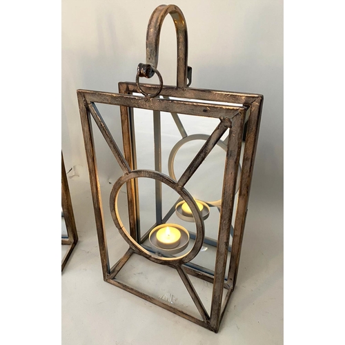 480 - WALL HANGING CANDLE LANTERNS, a set of six, French Art deco style, mirrored back plate detail, 43cm ... 