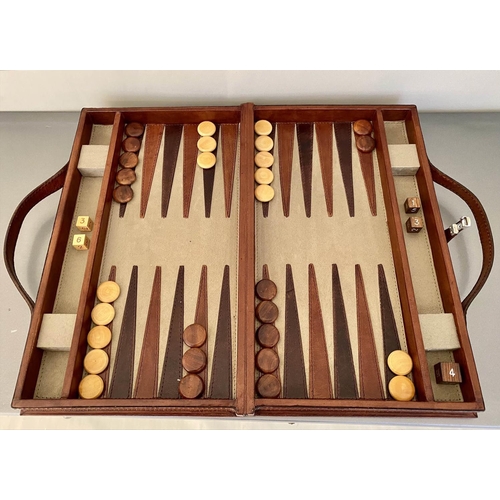 481 - BACKGAMMON SET, in leathered case, 7cm x 23cm x 40cm.