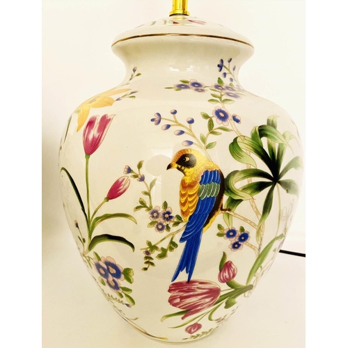 483 - TABLE LAMPS, a pair, 46cm high, 27cm diameter, glazed ceramic with floral design with birds. (2)