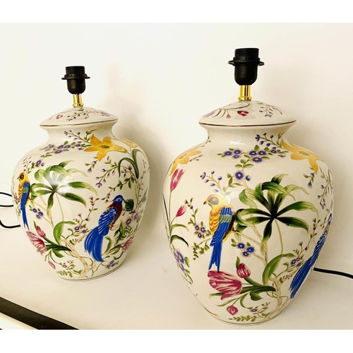 483 - TABLE LAMPS, a pair, 46cm high, 27cm diameter, glazed ceramic with floral design with birds. (2)