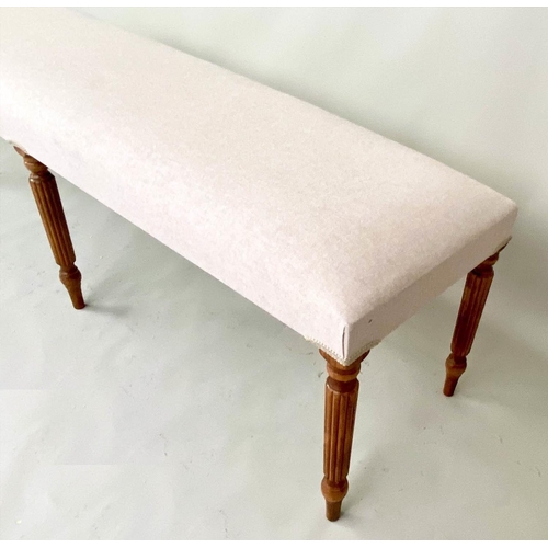 484 - HALL SEAT, 49cm high, 151cm long, 41cm deep, neutral linen upholstery, turned tapered supports.