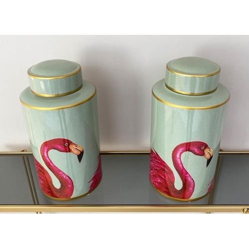 485 - GINGER JARS, pair, 40cm high, 20cm diameter, glazed ceramic with flamingo design. (2)