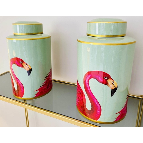 485 - GINGER JARS, pair, 40cm high, 20cm diameter, glazed ceramic with flamingo design. (2)