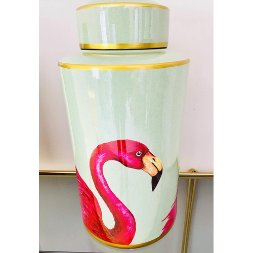 485 - GINGER JARS, pair, 40cm high, 20cm diameter, glazed ceramic with flamingo design. (2)